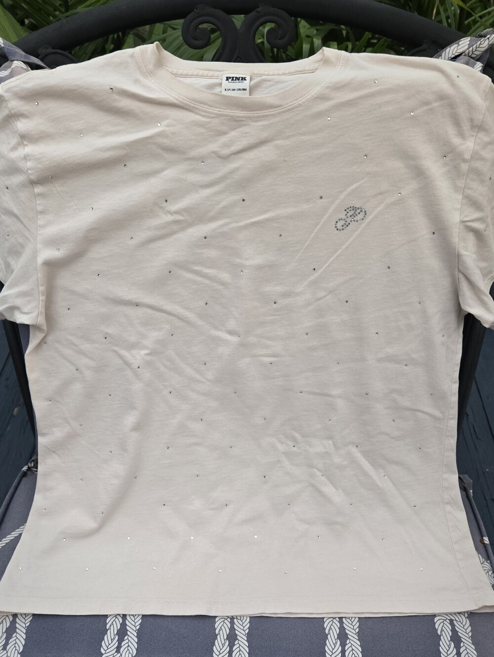 Victoria's Secret PINK Bling Ivory Campus Cotton Tee Silver Rhinestone Oversized